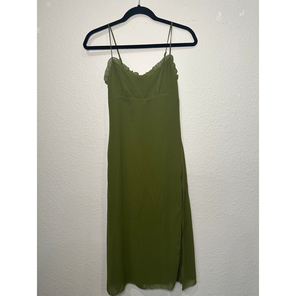 Wilfred Aritzia Olive Green Ruffle Midi Dress Smocked Back Side Slit‎ Size 2